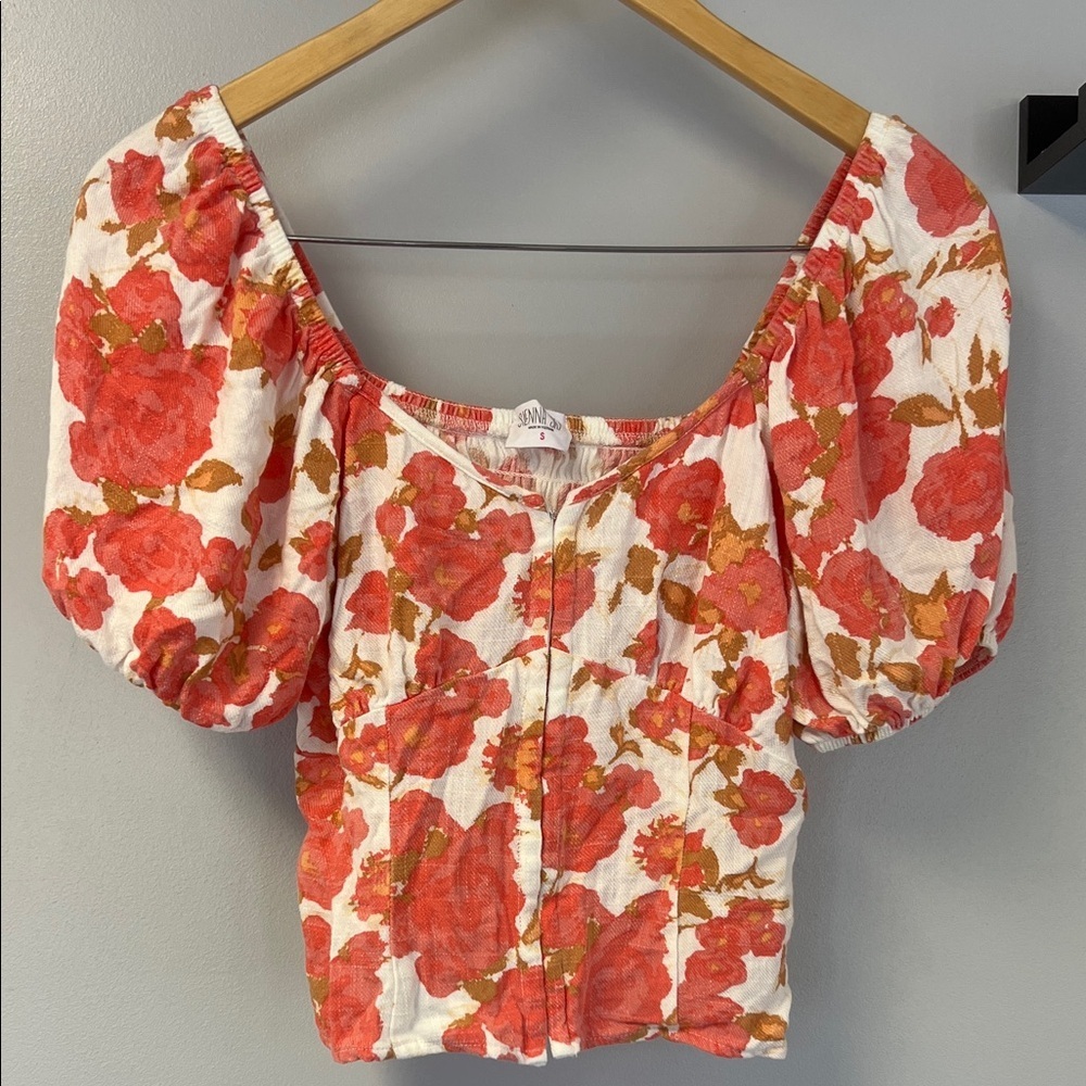 Sienna Sky Peach and Pinkand White Floral Puff Sleeve Corset Blouse sz S
